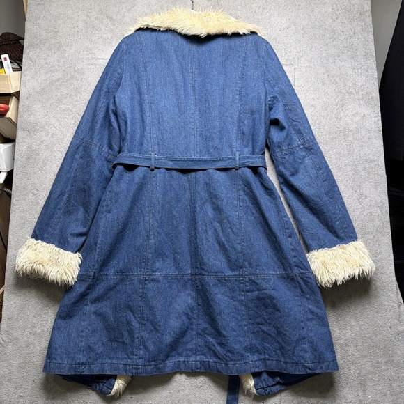 Penny Lane Coat Denim Faux Sherpa Teddy Lined Belted Long Retro 70s Style Large - Picture 7 of 11